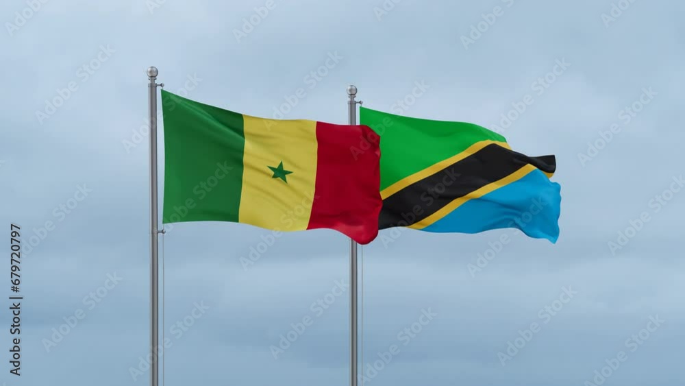 Tanzania and Senegal flag waving together on cloudy sky, endless seamless loop, two country cooperation concept Tanzania and Senegal flag waving together on cloudy sky, endless seamless loop, two country cooperation concept