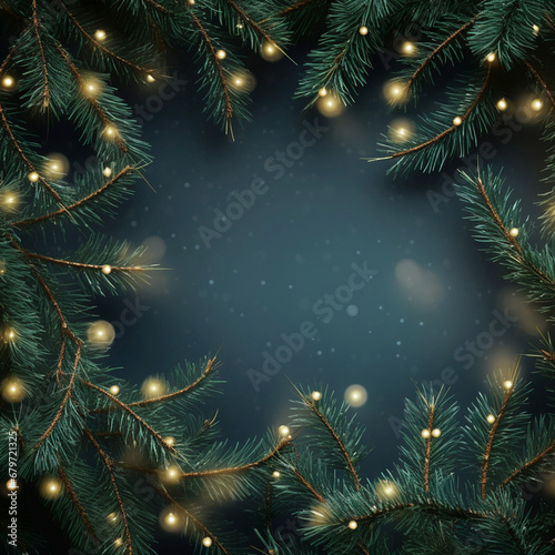 Spruce twigs with shining Christmas lights and space for a copy. Beautiful New Year's illustration with blurred lights on a dark background. Christmas background decorated with fir twigs