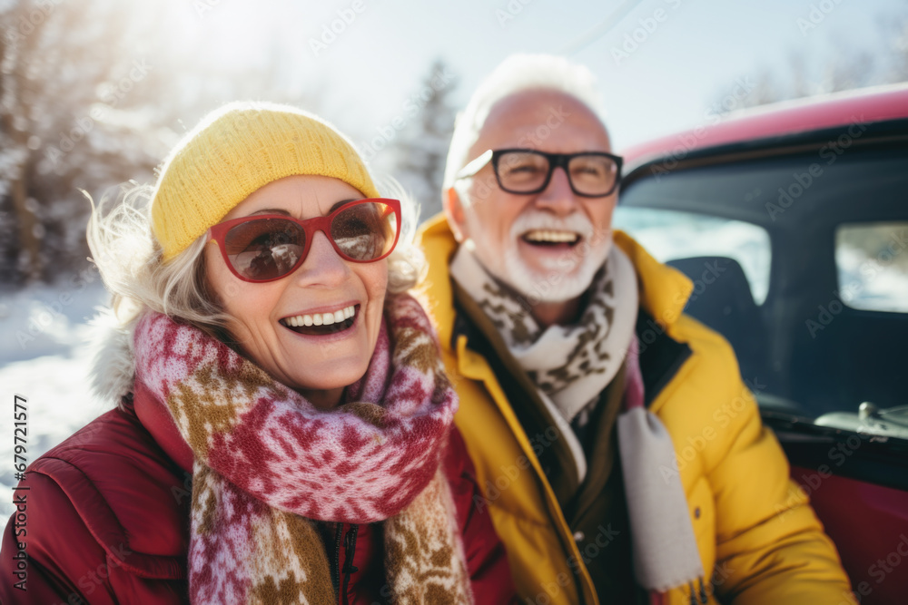 Winter portrait of happy active senior couple standing by car in forest.