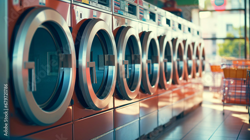 A row of industrial washing machines in a laundry room. Self-service dry cleaning concept. ai generative