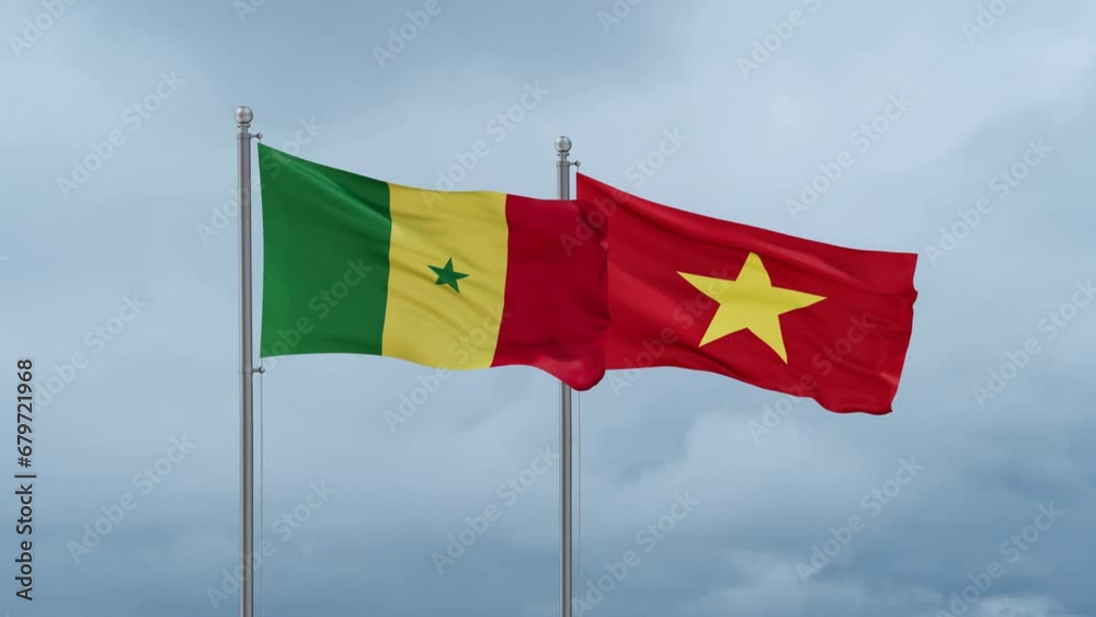 Vietnam and Senegal flag waving together on cloudy sky, endless seamless loop Vietnam and Senegal flag waving together on cloudy sky, endless seamless loop