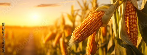 selective focus of ripe corn cob hanging from a corn stalk (Zea mays) in a vast cornfield with blurred background photo