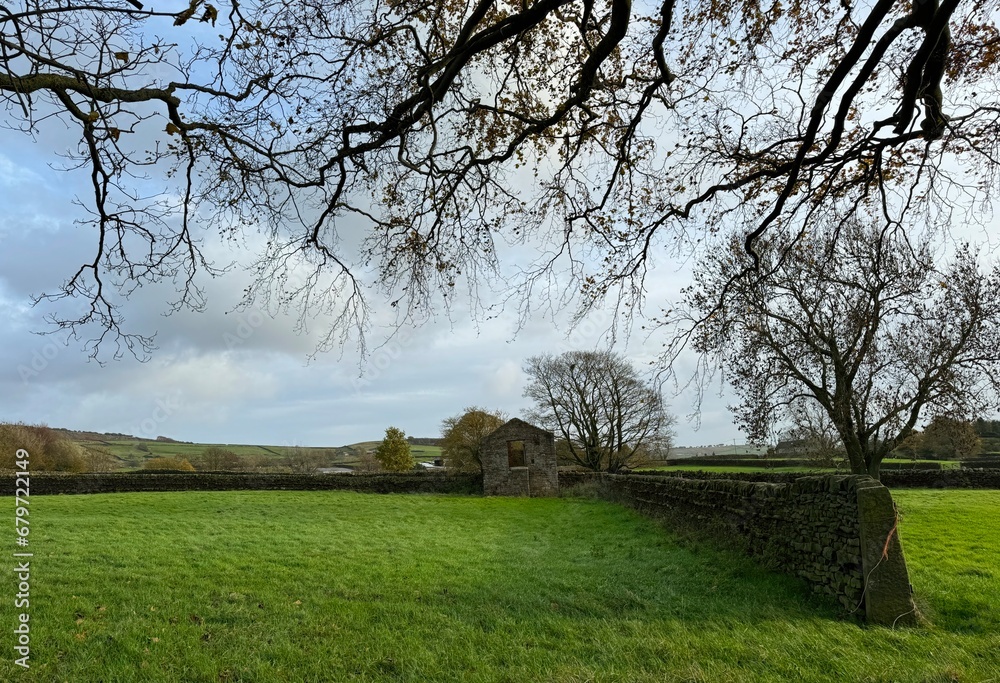Wet and cloudy autumn day, with fields, a stone building, old trees, and hills near, Silsden, UK Wet and cloudy autumn day, with fields, a stone building, old trees, and hills near, Silsden, UK