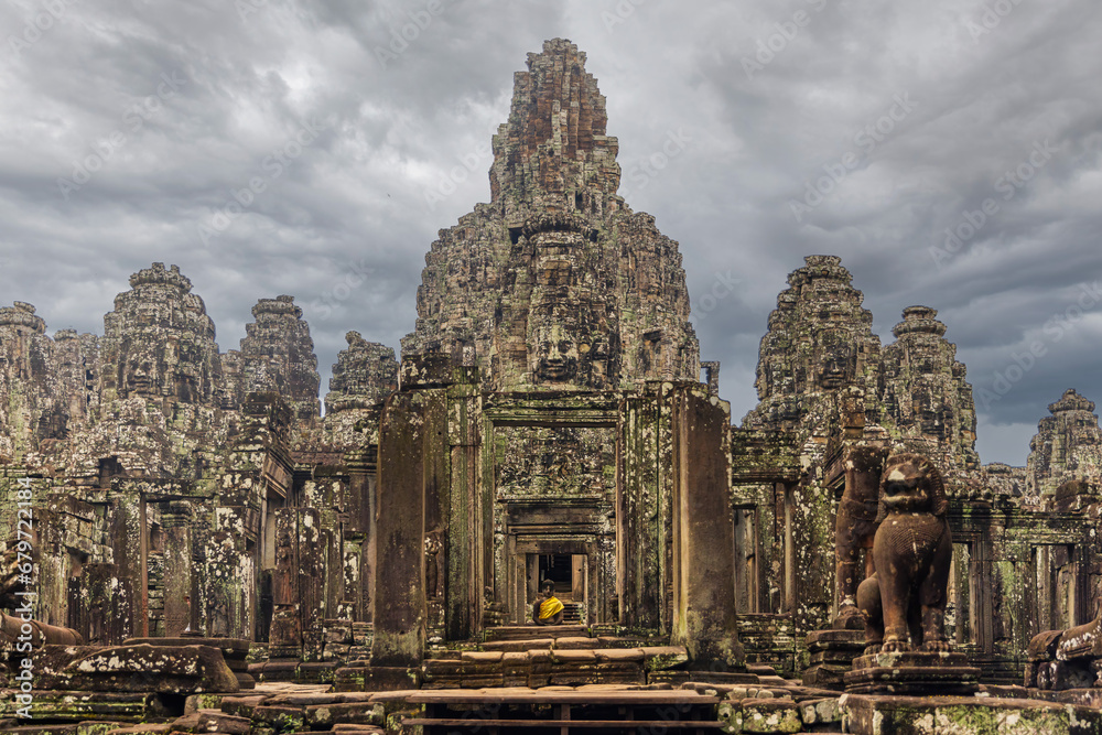The famous Bayon temple with ancient stone faces, Angkor War, Cambodia