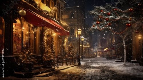  a snowy street at night with a christmas tree in the foreground and a red awning in the background.