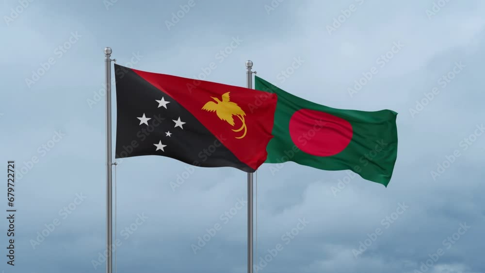 Bangladesh flag and Papua New Guinea flag waving together on cloudy sky, endless seamless loop, two country relations concept Bangladesh flag and Papua New Guinea flag waving together on cloudy sky, endless seamless loop, two country relations concept