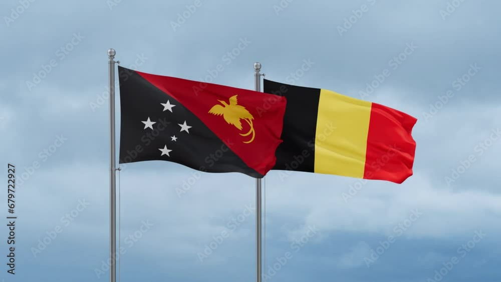 Belgium flag and Papua New Guinea flag waving together on cloudy sky, endless seamless loop, two country relations concept Belgium flag and Papua New Guinea flag waving together on cloudy sky, endless seamless loop, two country relations concept