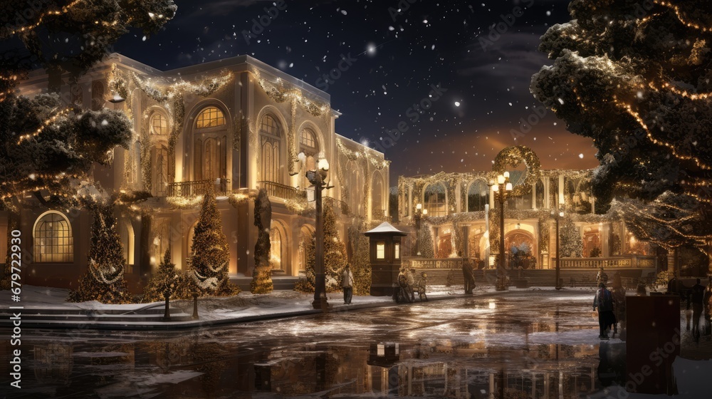  a large building with a lot of lights on it's sides and a lot of snow on the ground.