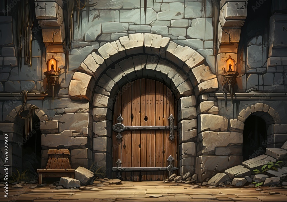 An old wooden door of a medieval building. Illustration
