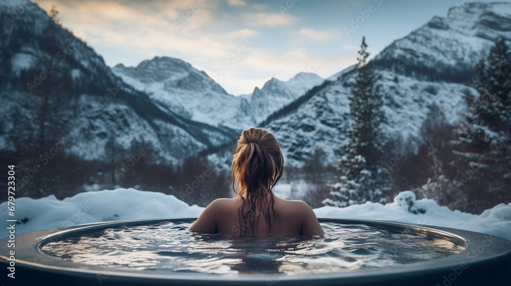 Beautiful girl in a warm jacuzzi against the backdrop of winter mountains. ai generative - obrazy, fototapety, plakaty 