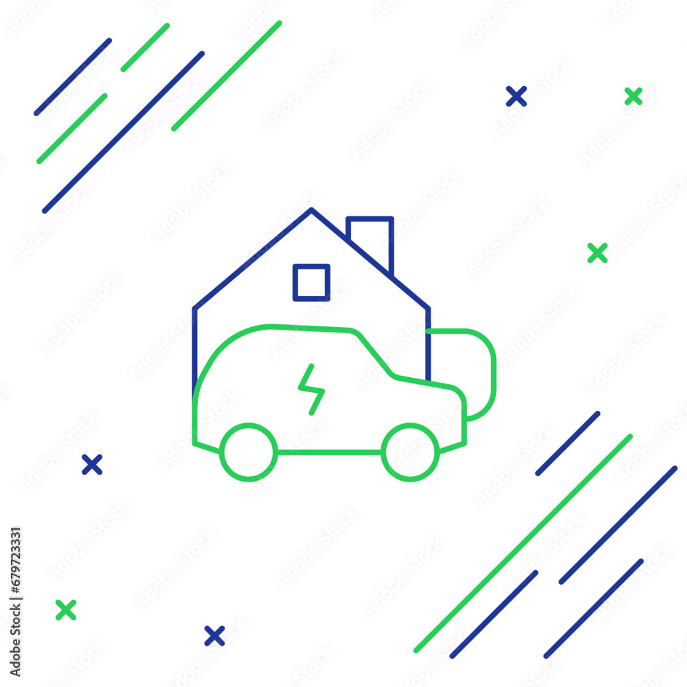 Line Electric car parking charging at home wall box charger station on house icon isolated on white background. Colorful outline concept. Vector Line Electric car parking charging at home wall box charger station on house icon isolated on white background. Colorful outline concept. Vector