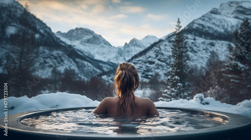 Beautiful girl in a warm jacuzzi against the backdrop of winter mountains. ai generative photo