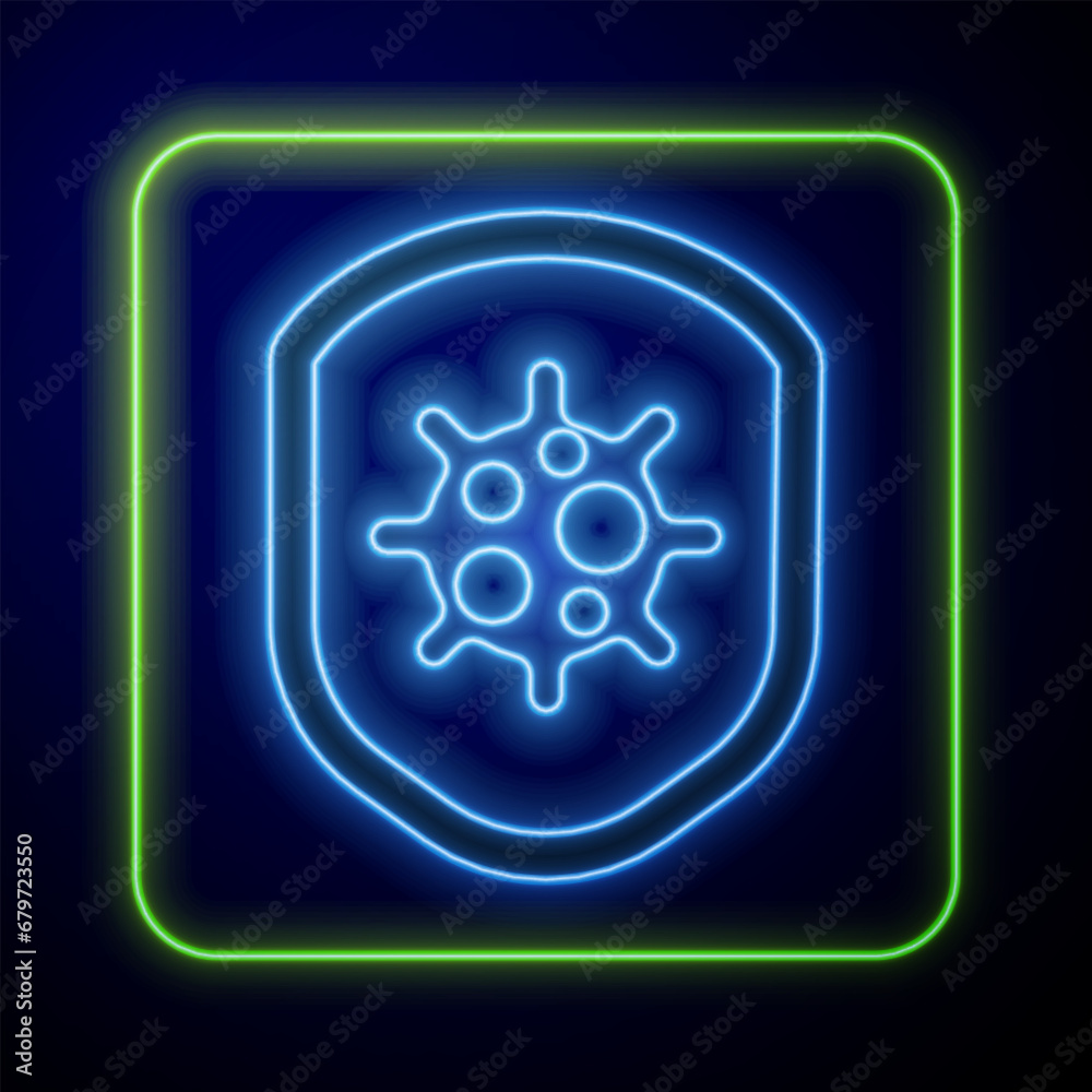 Glowing neon Shield protecting from virus, germs and bacteria icon isolated on blue background. Immune system concept. Corona virus 2019-nCoV. Vector Glowing neon Shield protecting from virus, germs and bacteria icon isolated on blue background. Immune system concept. Corona virus 2019-nCoV. Vector