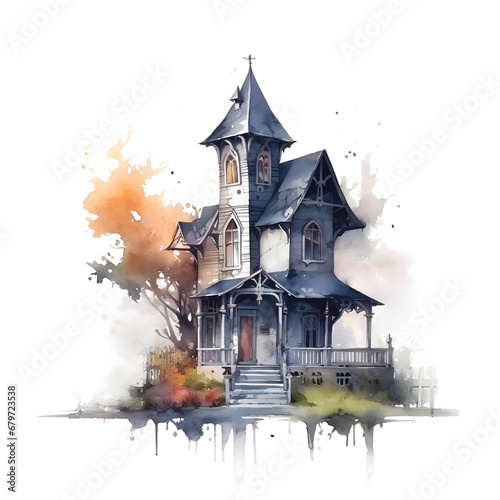Watercolor cute clipart halloween haunted house on transparent background. sublimation, tshirt, mug, pillow, tumbler, print