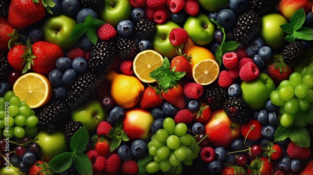 Healthy food background. Collection with color fruits, berries and vegetables