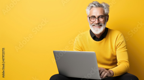 Smiling cheerful smart senior man wearing casual teenage clothes using laptop computer pose looking at camera isolated color background