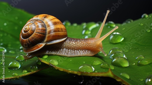 Small brown snail on green leaf,Snail crawling on leaf,Abstract drops of water on flower leaf,Africa, Thailand, Animal, Animal Shell, Animal Wildlife