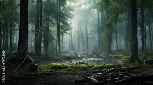 beautiful view of foggy misty magic forest