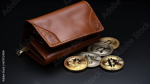 Two dollars and 2 bitcoins lie near a leather wallet with money. Financial crisis, debt, credit, little money