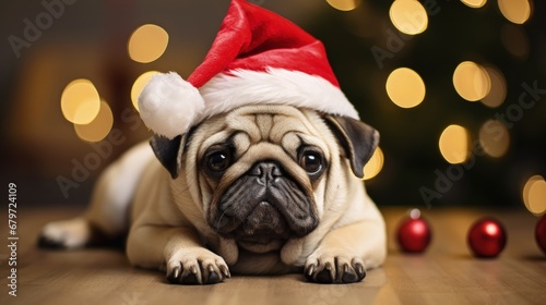 cute dog in santa hat in christmas costumes is ready for party © HN Works