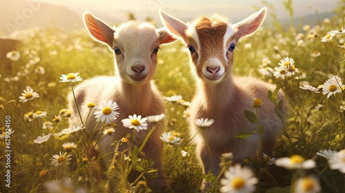 Two little funny baby goats playing in the field with flowers. Farm animals.