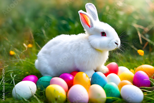 A white bunny with multicolor Easter eggs, blurred meadow flowers in an affectionate moment, blurred green grass and blue sky. © Yanisa