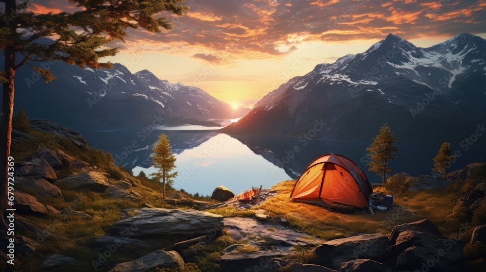 Camping in the wilderness of Norway at sunrise