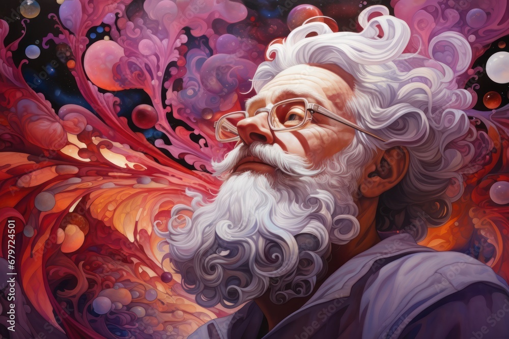 a painting of a man with long white hair and a white beard wearing ...