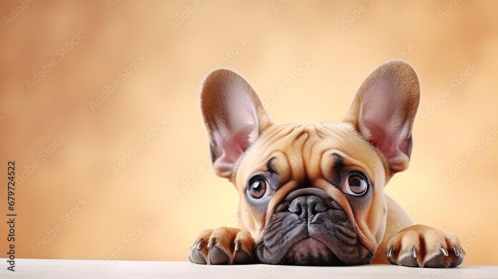 Portrait of cute puupy of French Bulldog ying on back isolated over white studio background. Pretty muzzle. Playful dog. Concept of domestic animal, pet, vet, friendship. Copy space for ad