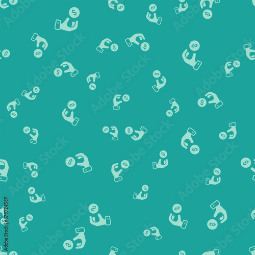 Green Donate or pay your zakat as muslim obligatory icon isolated seamless pattern on green background. Muslim charity or alms in ramadan kareem before eid al-fir. Vector