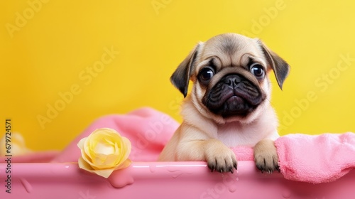 Cute griffon or pug dog after bath on pink background. Dog wrapped in towel. Pet grooming concept. yellow duckling and soap bubbles.Copy Space. © HN Works