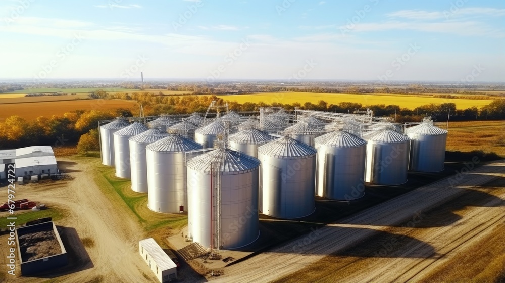 Agricultural silos on the farm in autumn, close-up drone view. Industrial granary, elevator dryer, building exterior, storage and drying of grain, wheat, corn, soy, sunflower. Europe in Hungary - obrazy, fototapety, plakaty 