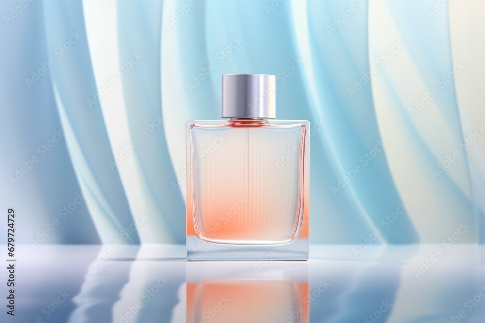 Transparent bottle of perfume on a baby blue background. - obrazy, fototapety, plakaty 