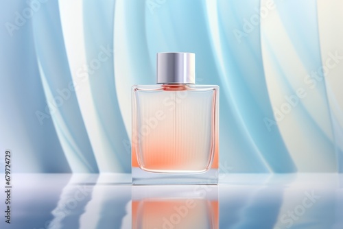 Transparent bottle of perfume on a baby blue background.