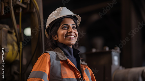 portrait of smiling indian female engineer on site wearing hard hat, high vis vest, and ppe 