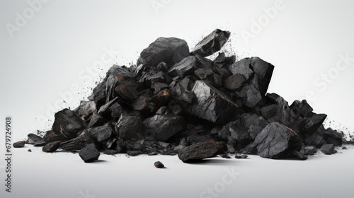 Coal lumps spilled on white background with copy space