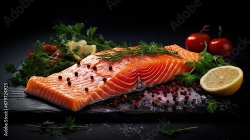 Delicious portion of fresh salmon fillet with aromatic herbs, spices and vegetables - healthy food, diet or cooking concept