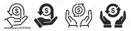 Cashback icons set. Money refund symbol. The hand that receives the money return and return on investment - stock vector. photo