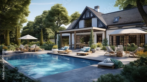 Realistic 3d render visualisation of cottage back yard luxury swiming pool real estate archviz © HN Works