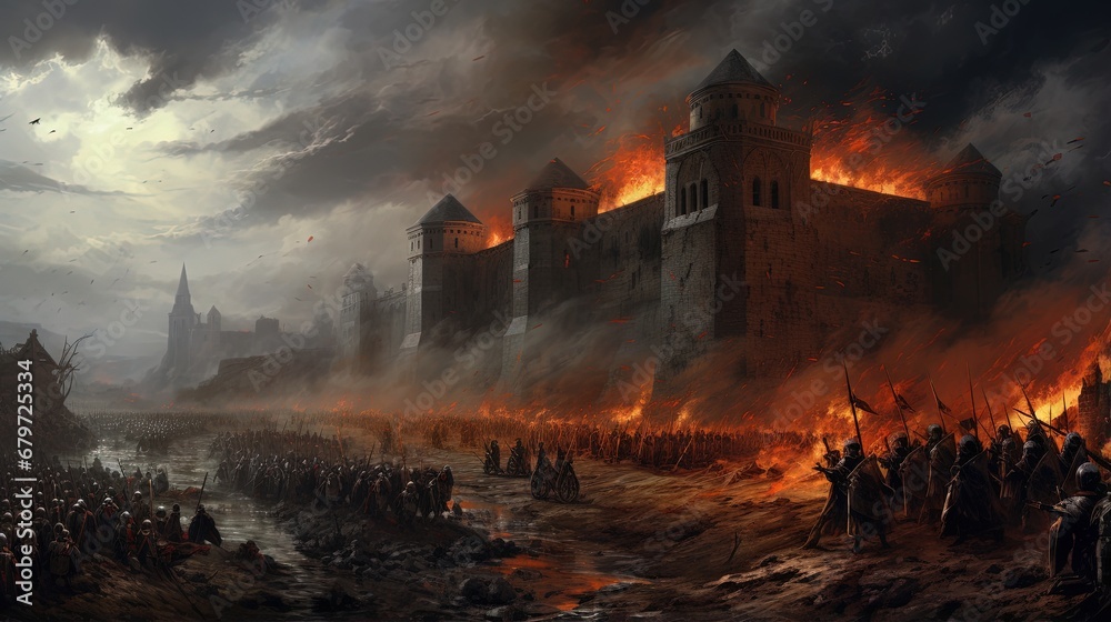 Fototapeta premium Crusade historical dark battlefield painting.