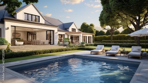 Realistic 3d render visualisation of cottage back yard luxury swiming pool real estate archviz © HN Works