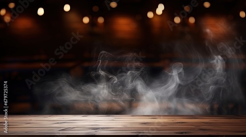 empty wooden table with smoke float up on dark background - Dark wood texture background surface with old natural pattern - wood table on blur of cafe, coffee shop, bar, background - can used for disp photo