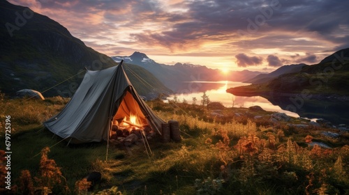Camping in the wilderness of Norway at sunrise