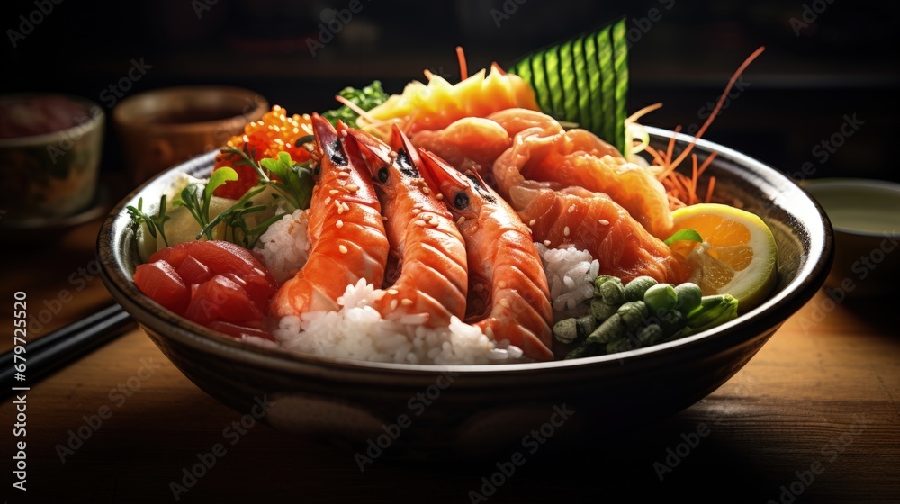 Fresh Japanese Sushi and Seafood Bowl, Close up of Kaisendon Meal Fresh Japanese Sushi and Seafood Bowl, Close up of Kaisendon Meal