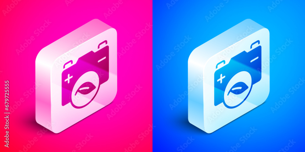 Isometric Eco nature leaf and battery icon isolated on pink and blue background. Energy based on ecology saving concept. Silver square button. Vector Isometric Eco nature leaf and battery icon isolated on pink and blue background. Energy based on ecology saving concept. Silver square button. Vector