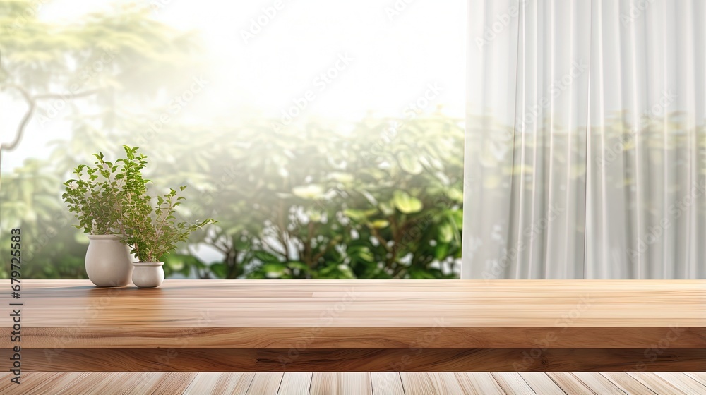 3D rendering of empty fine teak wood table top for products display, beautiful sunlight from a white bay window garden view with blowing sheer curtains in background, Mock up, Backdrop, Home product.