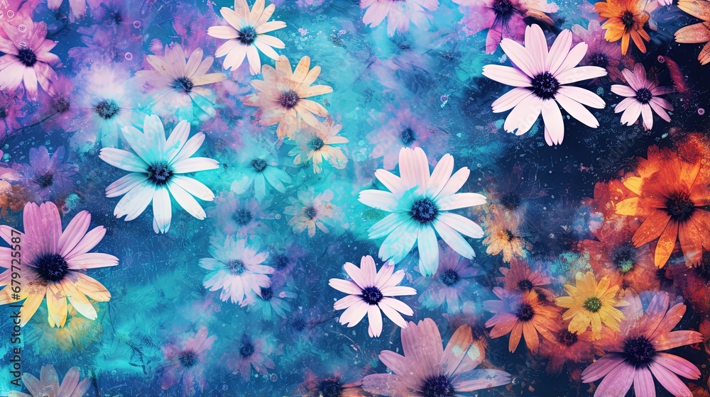 Naklejka premium Seamless blurred floral pattern. Small smeared daisy flowers in grunge style. Defocused liquid flowers. Modern fashion summer all over print design for fabric, textile. Hippie psychedelic swatch