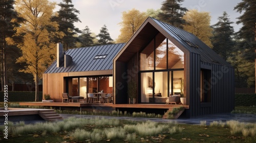 Modern barn house with a stylish exterior and facade. Concept of an eco-friendly house. Scandinavian style Barnhouse in the woods.