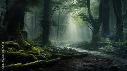 beautiful view of foggy misty magic forest