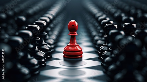 Leadership concept, red pawn of chess, standing out from the crowd of black pawns. 3D Rendering